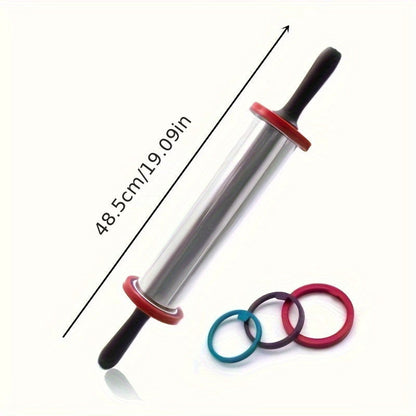 1 Pc, Large Stainless Steel Rolling Pin, Adjustable 3-Thickness Rings, Dough Roller For Pie & Pizza Baking, With Non-Stick Surface - Hiccupzz