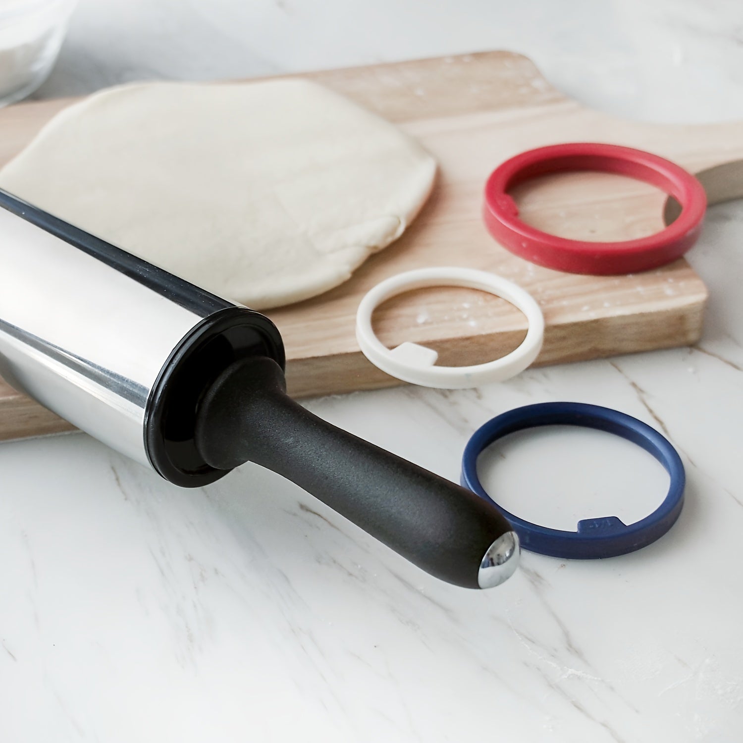 1 Pc, Large Stainless Steel Rolling Pin, Adjustable 3-Thickness Rings, Dough Roller For Pie & Pizza Baking, With Non-Stick Surface - Hiccupzz