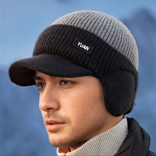 1 Pc Men's Winter Earflap Beanie Hat - 100% Acrylic Knit Warm Cycling Cap with Slight Stretch, Street Style Outdoor Riding Colorblock Hat - Hiccupzz