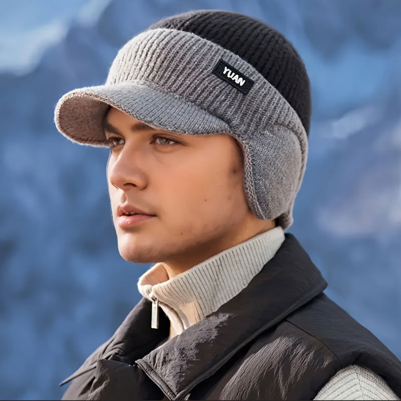1 Pc Men's Winter Earflap Beanie Hat - 100% Acrylic Knit Warm Cycling Cap with Slight Stretch, Street Style Outdoor Riding Colorblock Hat - Hiccupzz