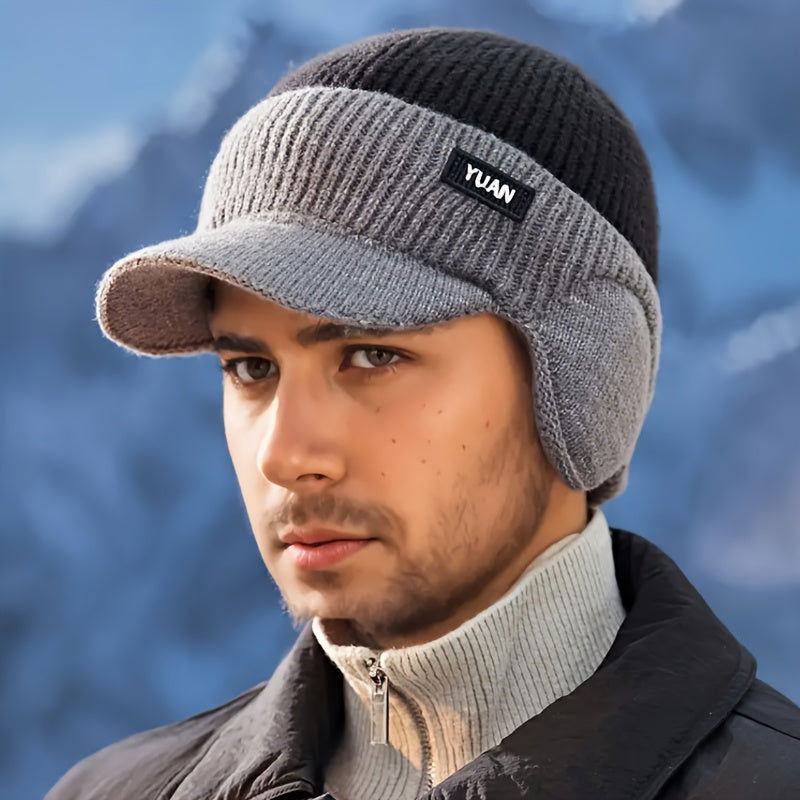 1 Pc Men's Winter Earflap Beanie Hat - 100% Acrylic Knit Warm Cycling Cap with Slight Stretch, Street Style Outdoor Riding Colorblock Hat - Hiccupzz