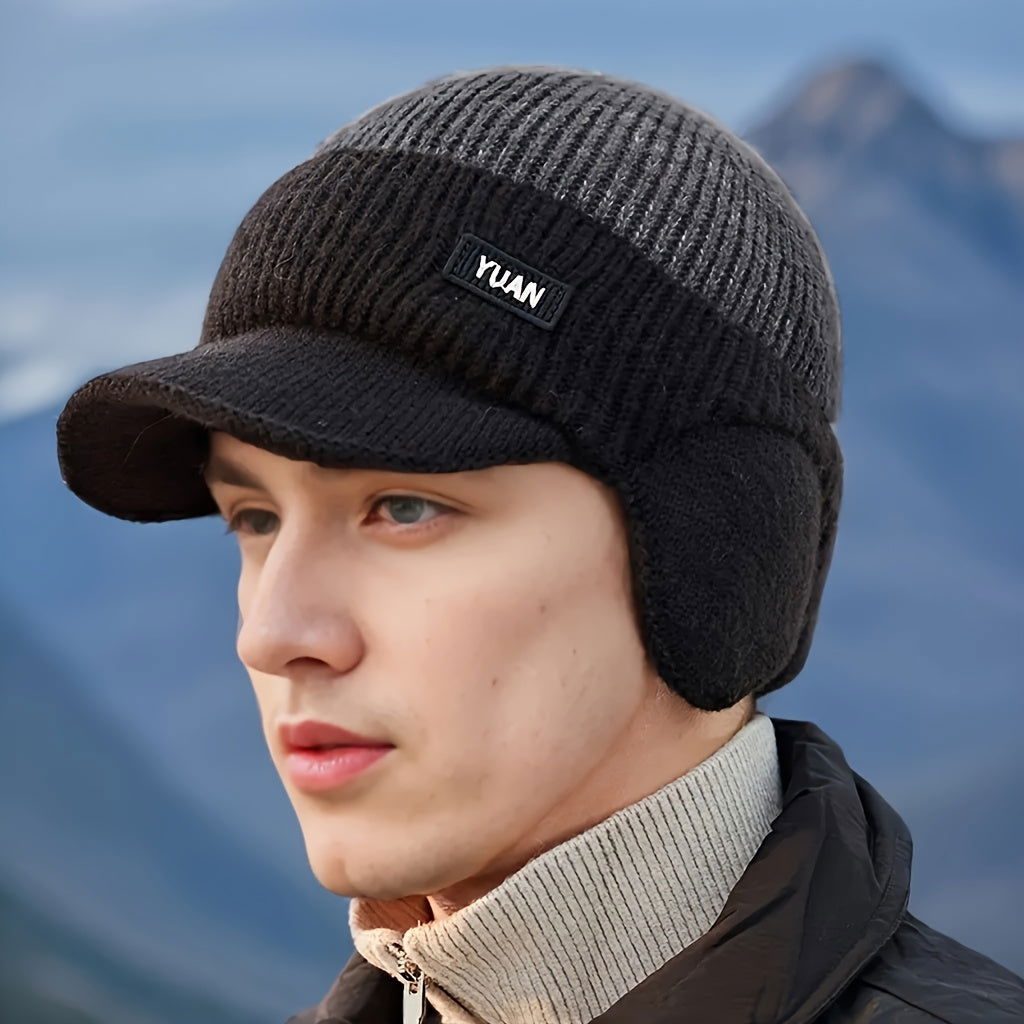 1 Pc Men's Winter Earflap Beanie Hat - 100% Acrylic Knit Warm Cycling Cap with Slight Stretch, Street Style Outdoor Riding Colorblock Hat - Hiccupzz