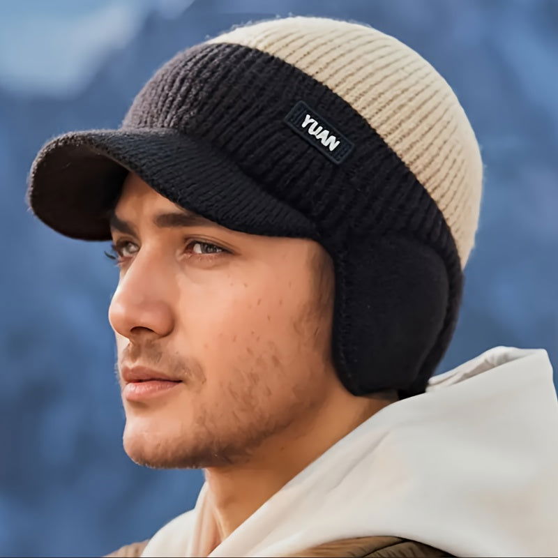 1 Pc Men's Winter Earflap Beanie Hat - 100% Acrylic Knit Warm Cycling Cap with Slight Stretch, Street Style Outdoor Riding Colorblock Hat - Hiccupzz