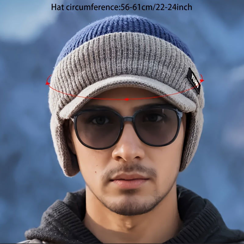 1 Pc Men's Winter Earflap Beanie Hat - 100% Acrylic Knit Warm Cycling Cap with Slight Stretch, Street Style Outdoor Riding Colorblock Hat - Hiccupzz