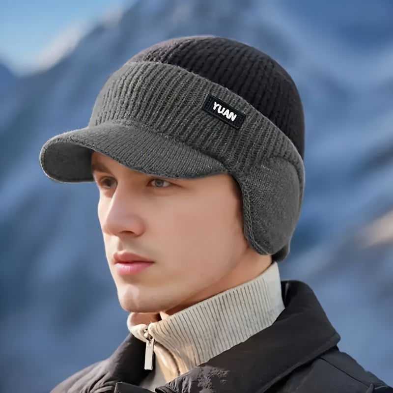 1 Pc Men's Winter Earflap Beanie Hat - 100% Acrylic Knit Warm Cycling Cap with Slight Stretch, Street Style Outdoor Riding Colorblock Hat - Hiccupzz