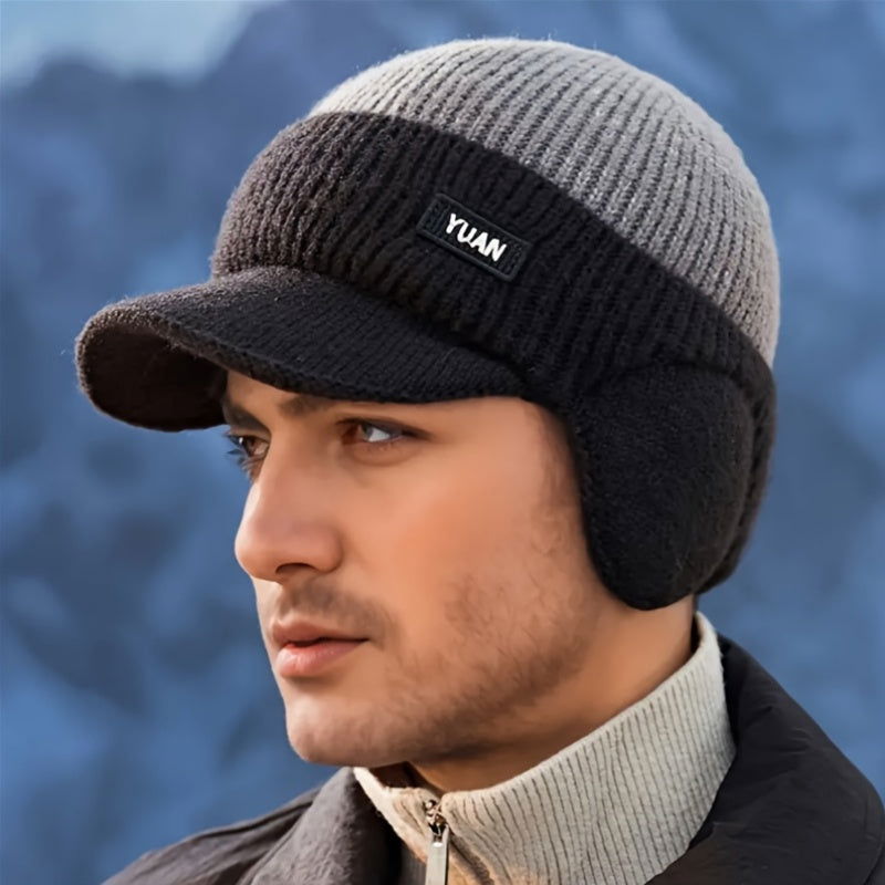 1 Pc Men's Winter Earflap Beanie Hat - 100% Acrylic Knit Warm Cycling Cap with Slight Stretch, Street Style Outdoor Riding Colorblock Hat - Hiccupzz