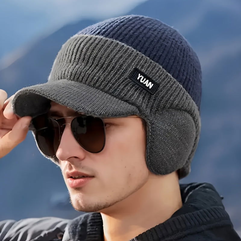 1 Pc Men's Winter Earflap Beanie Hat - 100% Acrylic Knit Warm Cycling Cap with Slight Stretch, Street Style Outdoor Riding Colorblock Hat - Hiccupzz