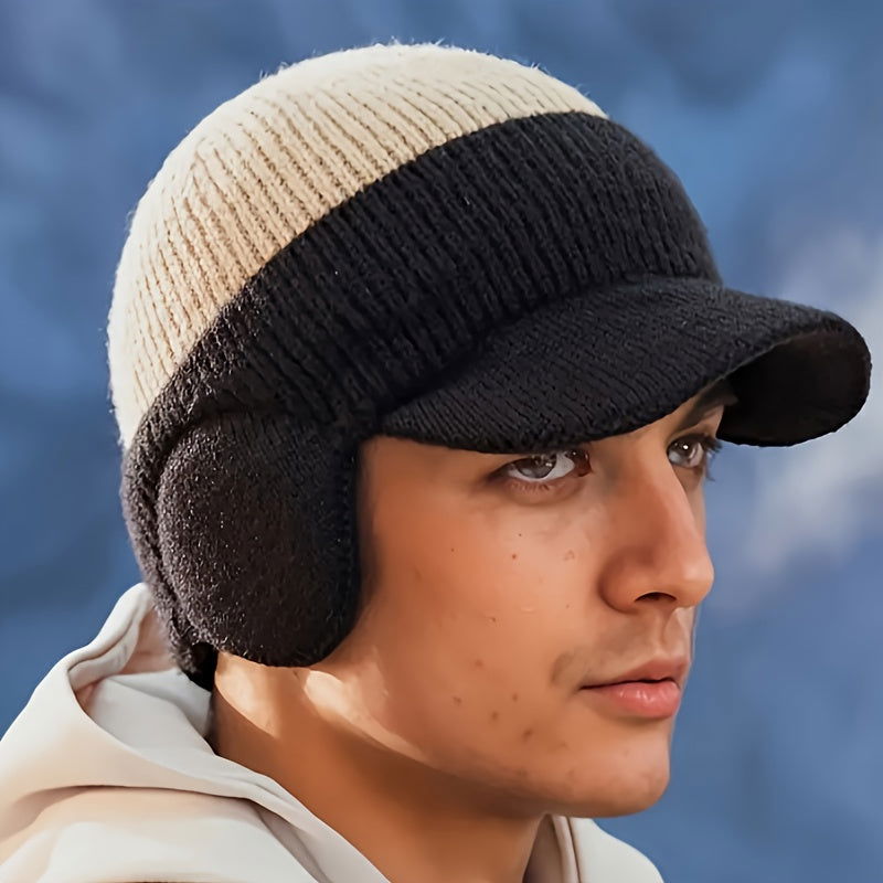 1 Pc Men's Winter Earflap Beanie Hat - 100% Acrylic Knit Warm Cycling Cap with Slight Stretch, Street Style Outdoor Riding Colorblock Hat - Hiccupzz