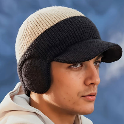 1 Pc Men's Winter Earflap Beanie Hat - 100% Acrylic Knit Warm Cycling Cap with Slight Stretch, Street Style Outdoor Riding Colorblock Hat - Hiccupzz