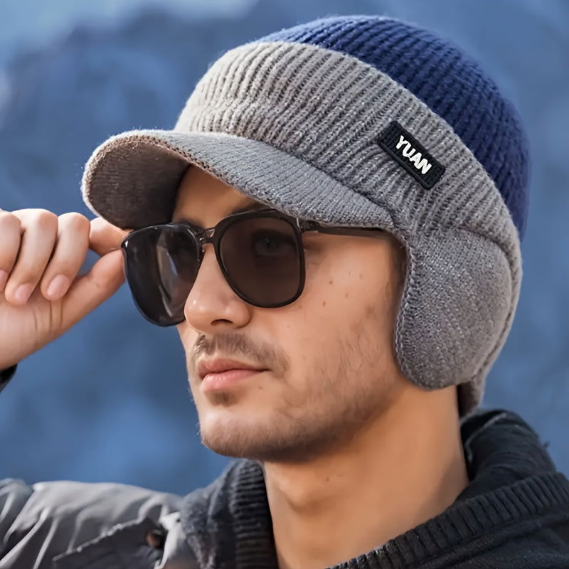 1 Pc Men's Winter Earflap Beanie Hat - 100% Acrylic Knit Warm Cycling Cap with Slight Stretch, Street Style Outdoor Riding Colorblock Hat - Hiccupzz
