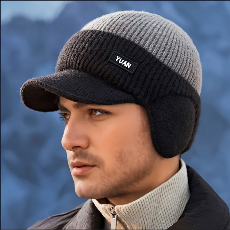 1 Pc Men's Winter Earflap Beanie Hat - 100% Acrylic Knit Warm Cycling Cap with Slight Stretch, Street Style Outdoor Riding Colorblock Hat - Hiccupzz
