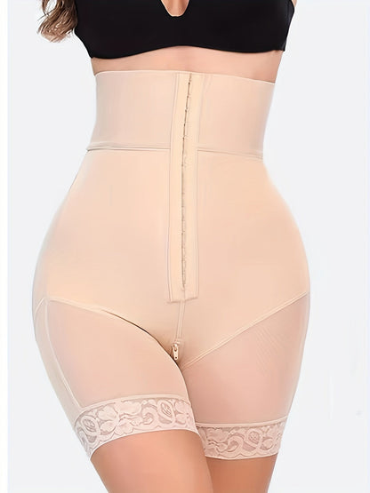 1 Pc Solid Floral Lace Contrast High Waist Front Buckle Shaping Shorts, Tummy Control Butt Lifting Shorts, Women's Underwear & Shapewear - Hiccupzz