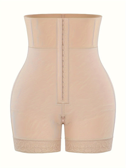 1 Pc Solid Floral Lace Contrast High Waist Front Buckle Shaping Shorts, Tummy Control Butt Lifting Shorts, Women's Underwear & Shapewear - Hiccupzz