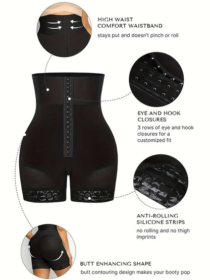 1 Pc Solid Floral Lace Contrast High Waist Front Buckle Shaping Shorts, Tummy Control Butt Lifting Shorts, Women's Underwear & Shapewear - Hiccupzz