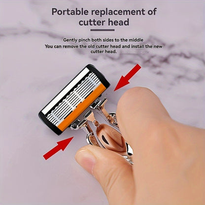 Men's Safety Shaver with Anti-Slip Stainless Steel Handle, 6-Layer Blades, 18/36 Replacement Blades Included - Hiccupzz