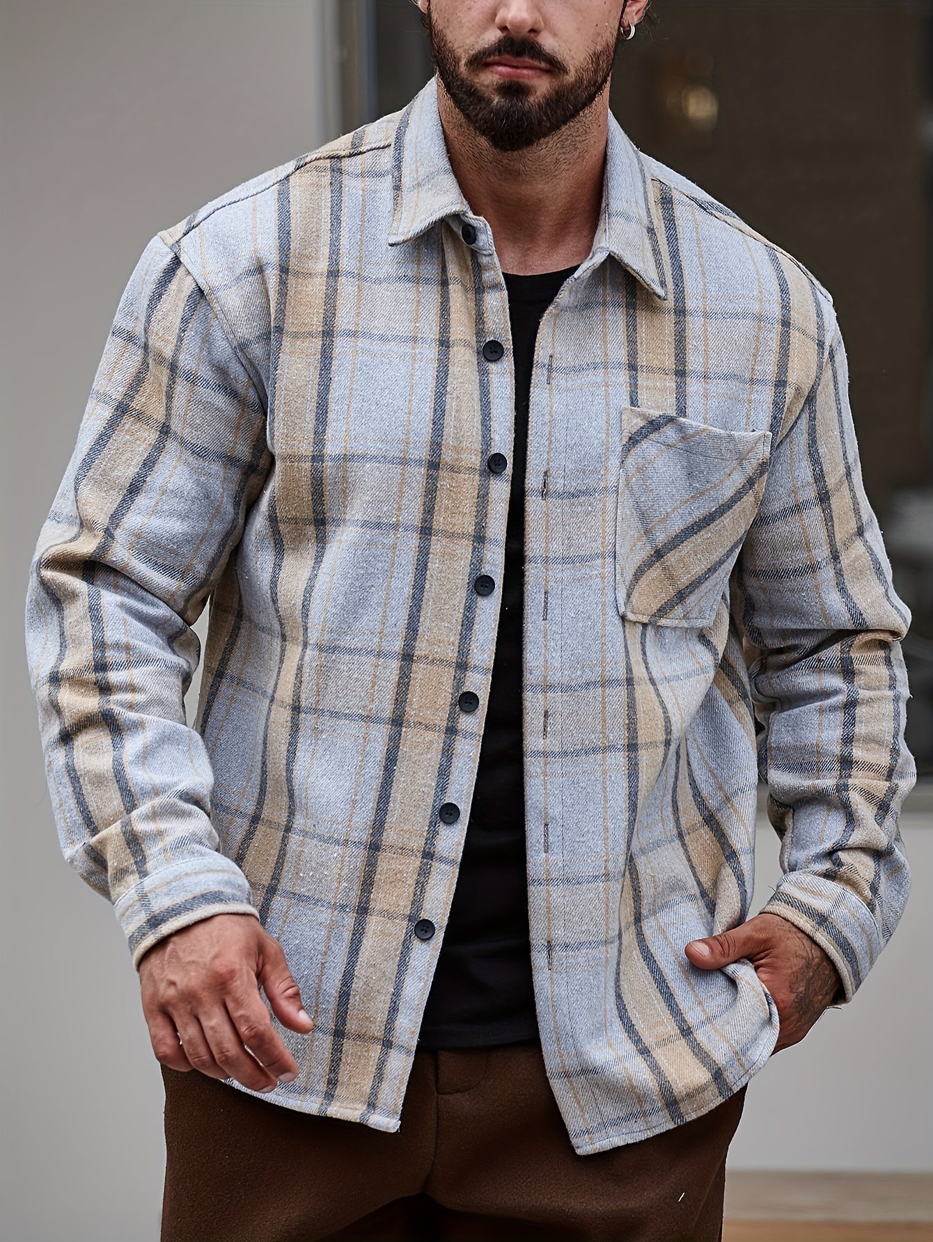 Men's Flannel Plaid Lapel Button Short Pocketed Shirts Coats