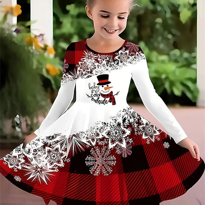 Girls' Long Sleeve Christmas Dress - Cute Cinched Waist, Big Swing Hem, Festive Print Design - Hiccupzz