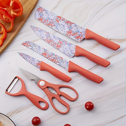 Jasmine Flower 6-Piece Kitchen Knife Set with Chef Knife, Meat Cleaver, Bread Knife, Scissors, Peeler - Hiccupzz