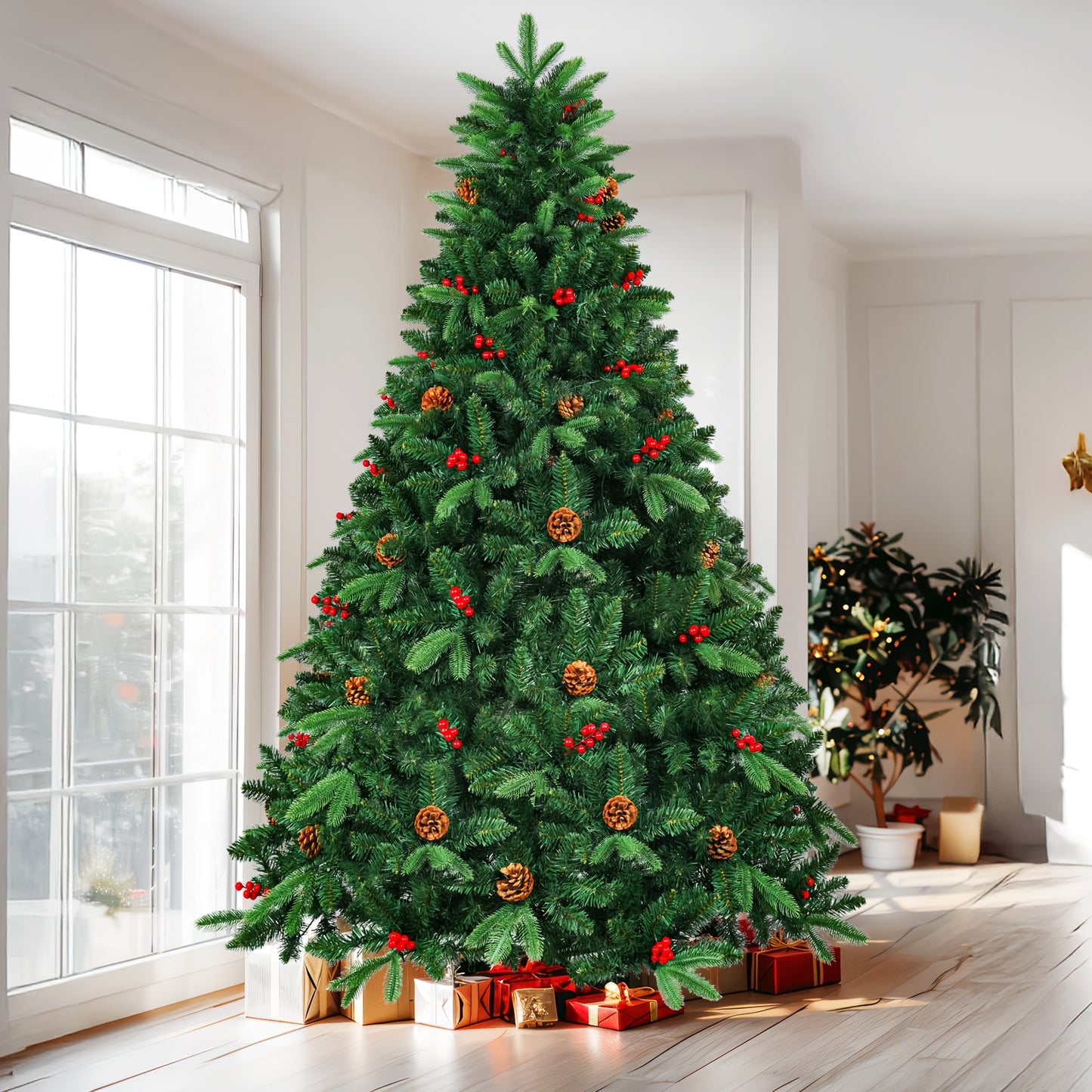 8 Ft/9 Ft Pre-Lit Artificial Christmas Tree with Warm White Light, Pine Cones & Red Berries