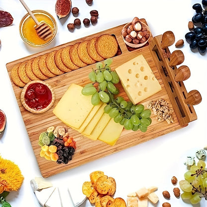 1 Set Bamboo Cheese Board Set, Cheese Tray, Charcuterie Board and Serving Meat Platter with 4 Stainless Steel Cheese Knives