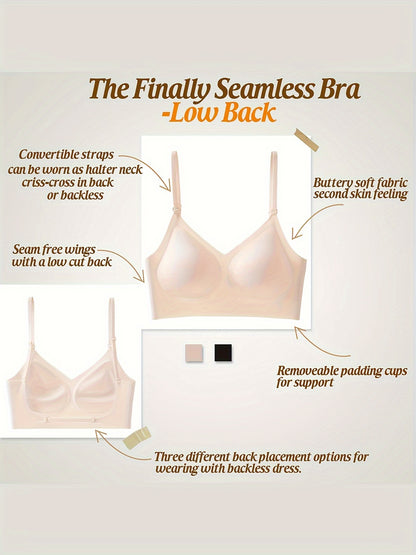 Women's Wireless Sports Bra With Flat Convertible Straps, Seamless Invisible Edge, And Ultra Low-Back Design, Adjustable Fit - Hiccupzz