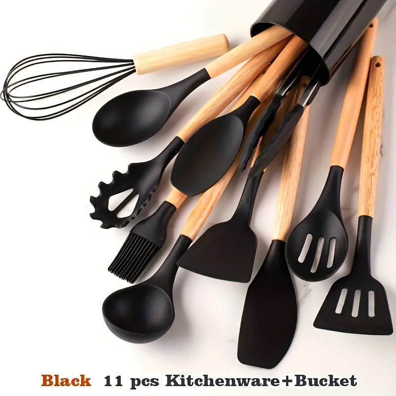 12pcs Non-Stick Silicone Kitchen Utensil Set with Wooden Handles - Safe, Easy to Clean, Ideal for Cooking and Baking