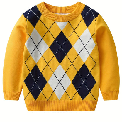 Boys Argyle Pattern Warm Knit Sweater - Round Neck, Long Sleeve - Hiccupzz