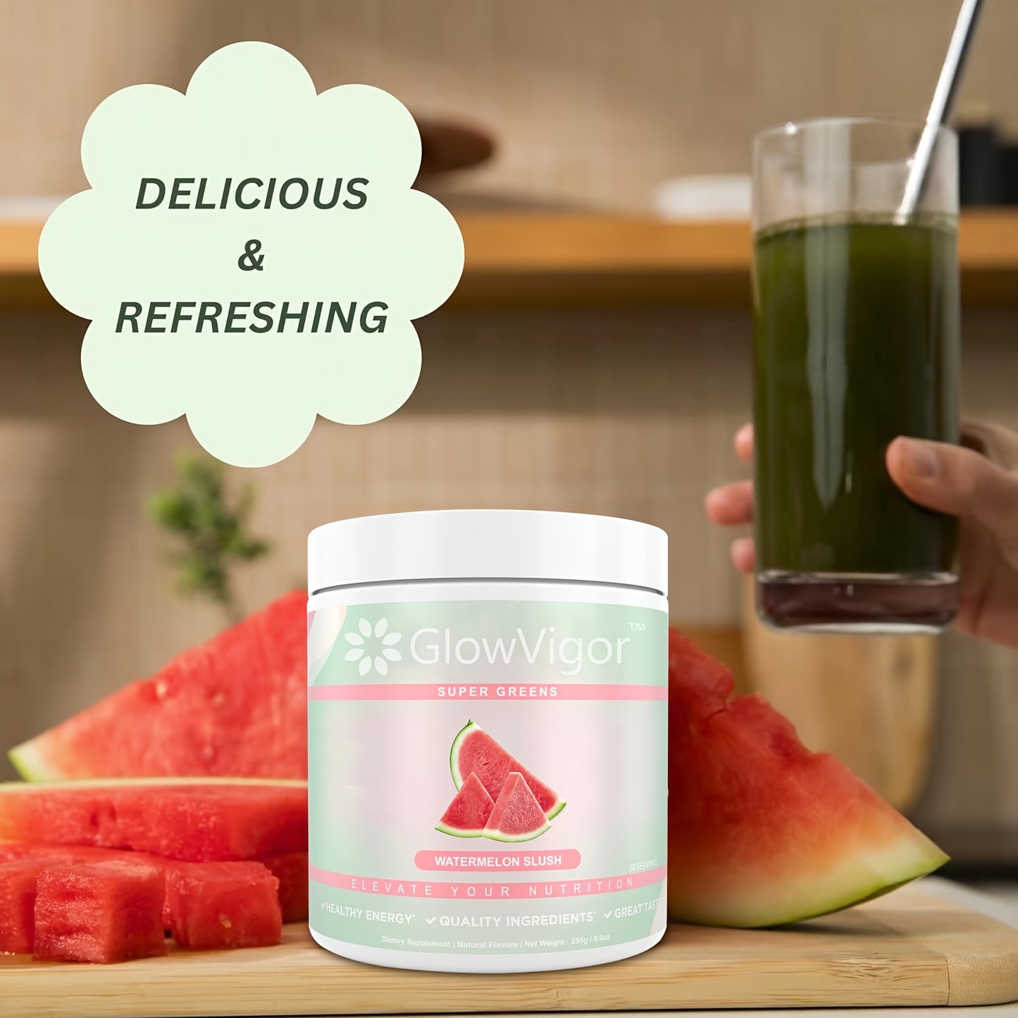 Glow Vigor Greens Blend is easy to incorporate into your daily routine, made with nutrients, fruits and vegetables, antioxidants, and more.