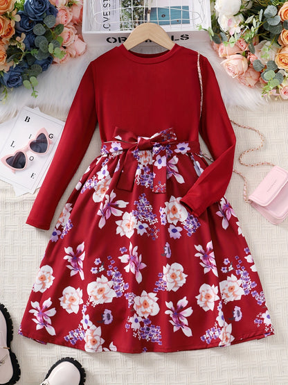 Girls' Floral Spliced Dress, Long Sleeves, Round Neck, Belted, Party Dress - Hiccupzz