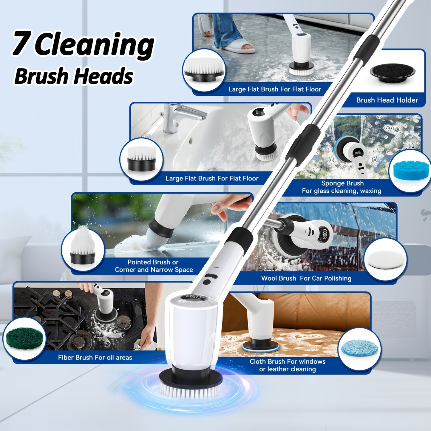 7-in-1 Cordless Electric Spin Scrubber with 4 Angles, 3 Speeds, Power Display for Bathroom, Kitchen, Shower Cleaning