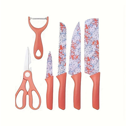 Jasmine Flower 6-Piece Kitchen Knife Set with Chef Knife, Meat Cleaver, Bread Knife, Scissors, Peeler - Hiccupzz