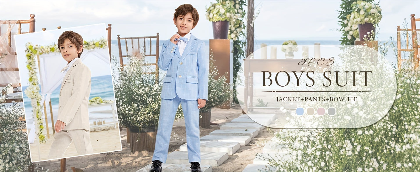 3-Piece Boys Formal Plaid Gentleman Outfit Set, Long Sleeve Blazer, Bowtie, Pants