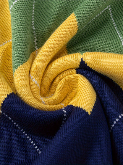 Kid's Color Clash Argyle Jacquard Sweater, Preppy Style Cable Knit Long Sleeve Top, Fall/Winter - Hiccupzz