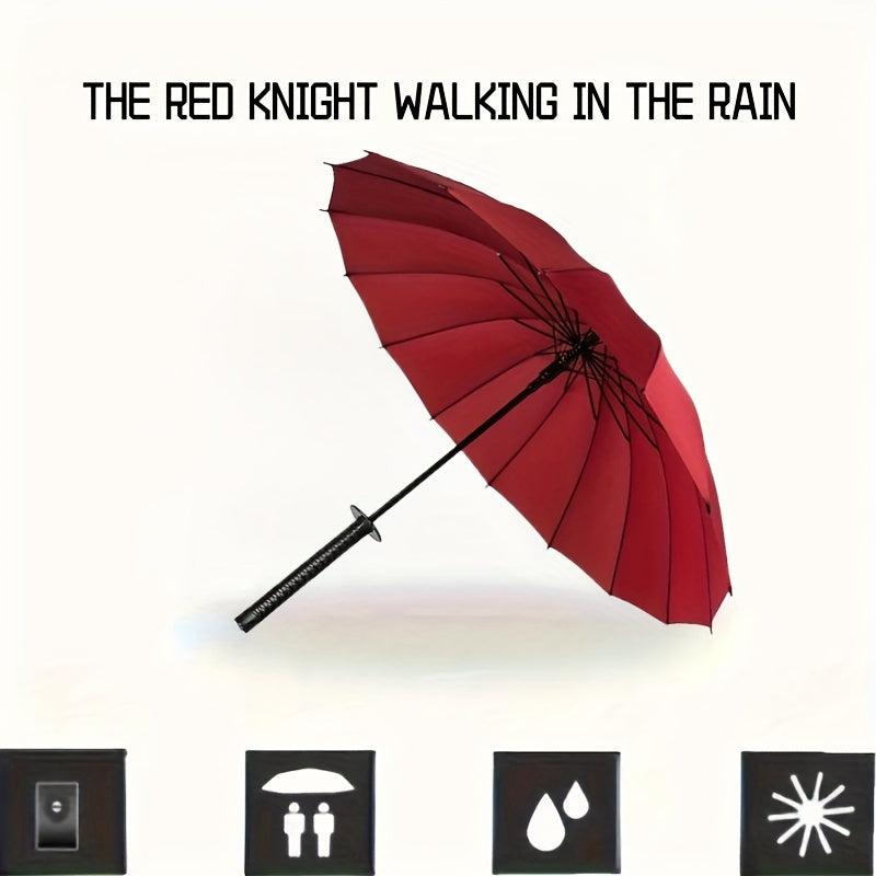 Unique Sword-Shaped Red Umbrella - 16 Windproof Ribs, Waterproof, Ergonomic Handle,