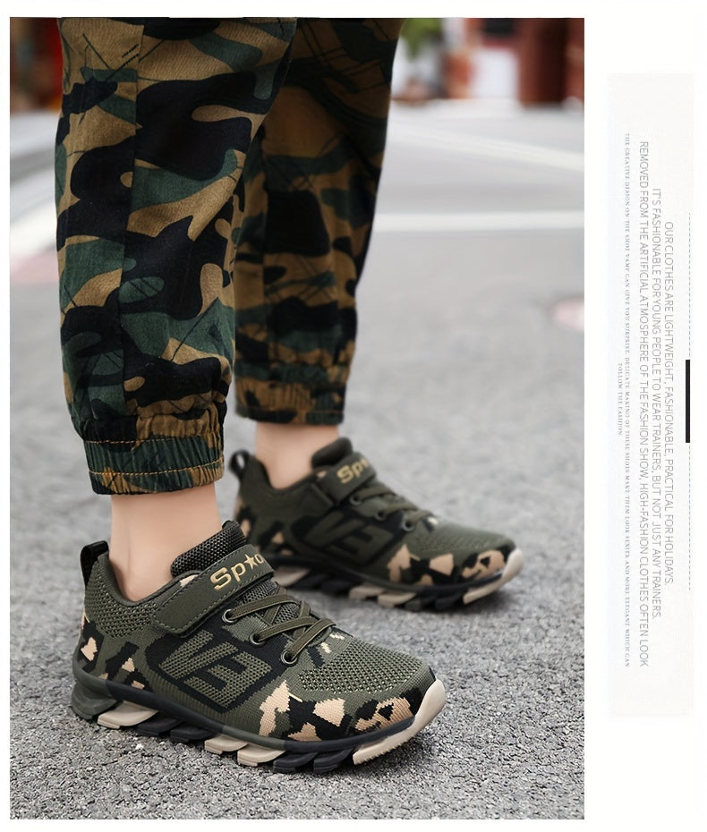 Boy's Trendy Camouflage Mesh Breathable Sneakers, Comfy Non-Slip Soft Sole Running Shoes