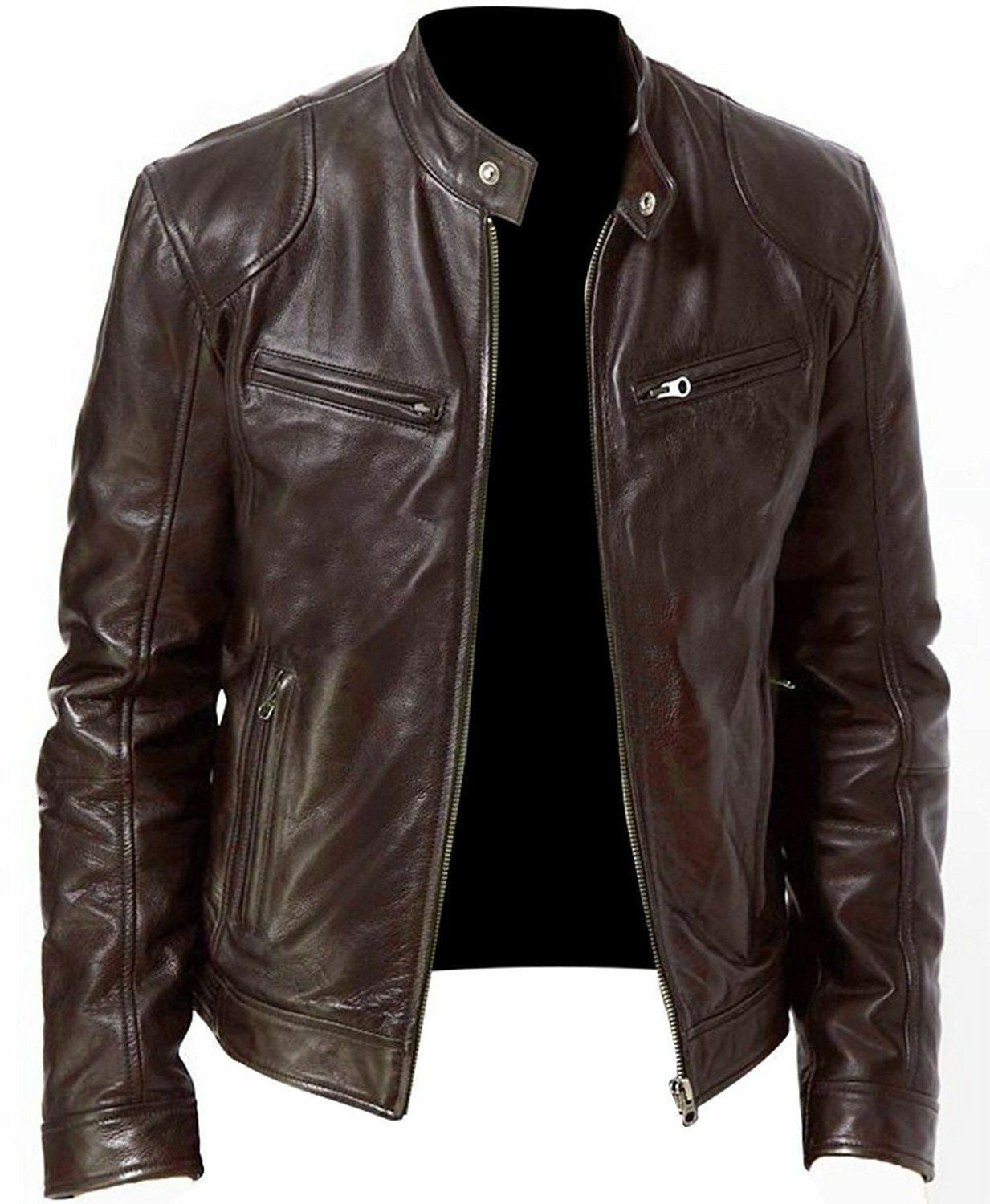 European & American Men's Leather Jacket - Youth Punk Stand-Up Collar Motorcycle Jacket with Logo