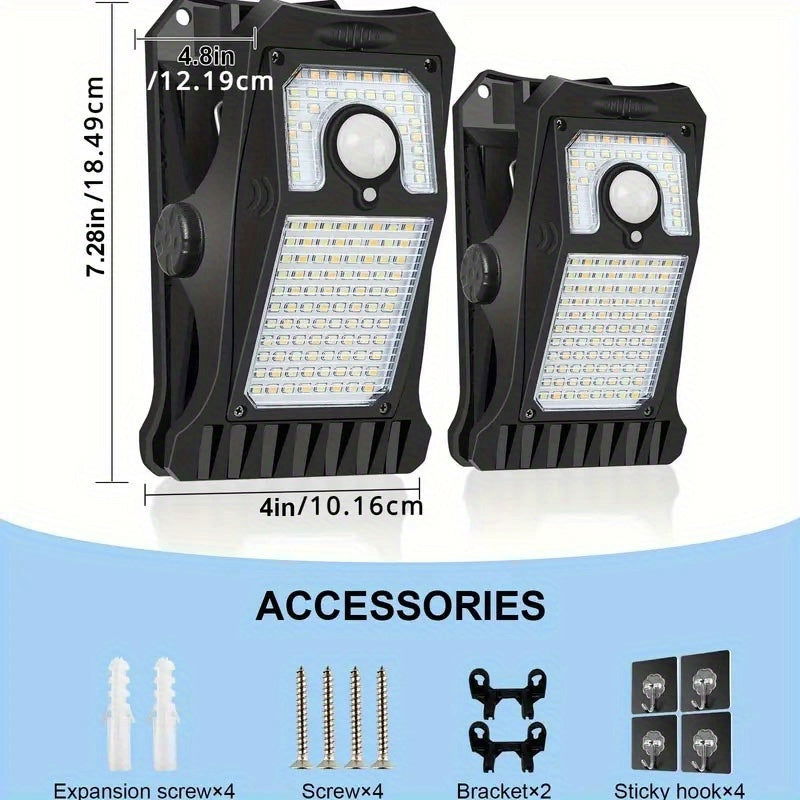 2-Pack 118 LED Solar Motion Sensor Lights, Clip-On Security Lights with 3 Color Modes for Fence, Chain Link, Camping - Hiccupzz