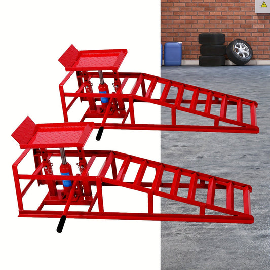 2-Pack Heavy Duty Hydraulic Truck Ramps - 5T/11,000Lbs Capacity, Steel Vehicle Maintenance Platform for Garage, Red - Hiccupzz