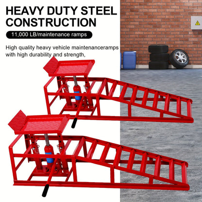 2-Pack Heavy Duty Hydraulic Truck Ramps - 5T/11,000Lbs Capacity, Steel Vehicle Maintenance Platform for Garage, Red - Hiccupzz
