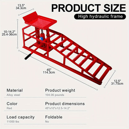 2-Pack Heavy Duty Hydraulic Truck Ramps - 5T/11,000Lbs Capacity, Steel Vehicle Maintenance Platform for Garage, Red - Hiccupzz