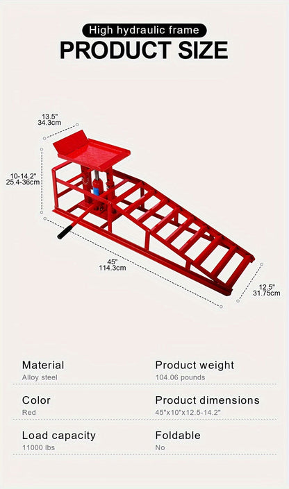 2-Pack Heavy Duty Hydraulic Truck Ramps - 5T/11,000Lbs Capacity, Steel Vehicle Maintenance Platform for Garage, Red - Hiccupzz