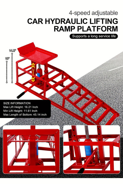 2-Pack Heavy Duty Hydraulic Truck Ramps - 5T/11,000Lbs Capacity, Steel Vehicle Maintenance Platform for Garage, Red - Hiccupzz