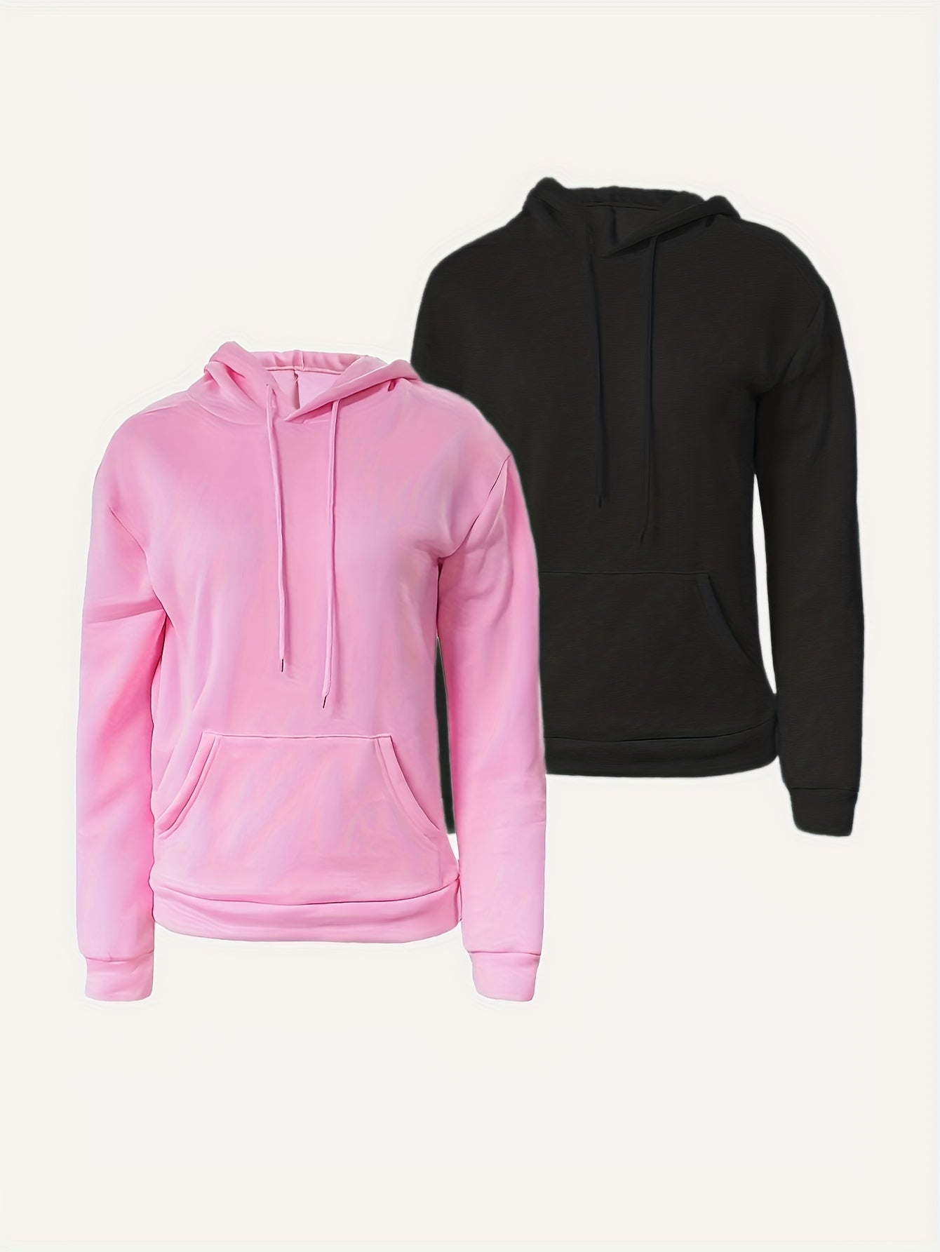 2-pack Women's Solid Drawstring Hoodies, Long Sleeve Kangaroo Pocket Sweatshirt for Fall & Winter - Hiccupzz