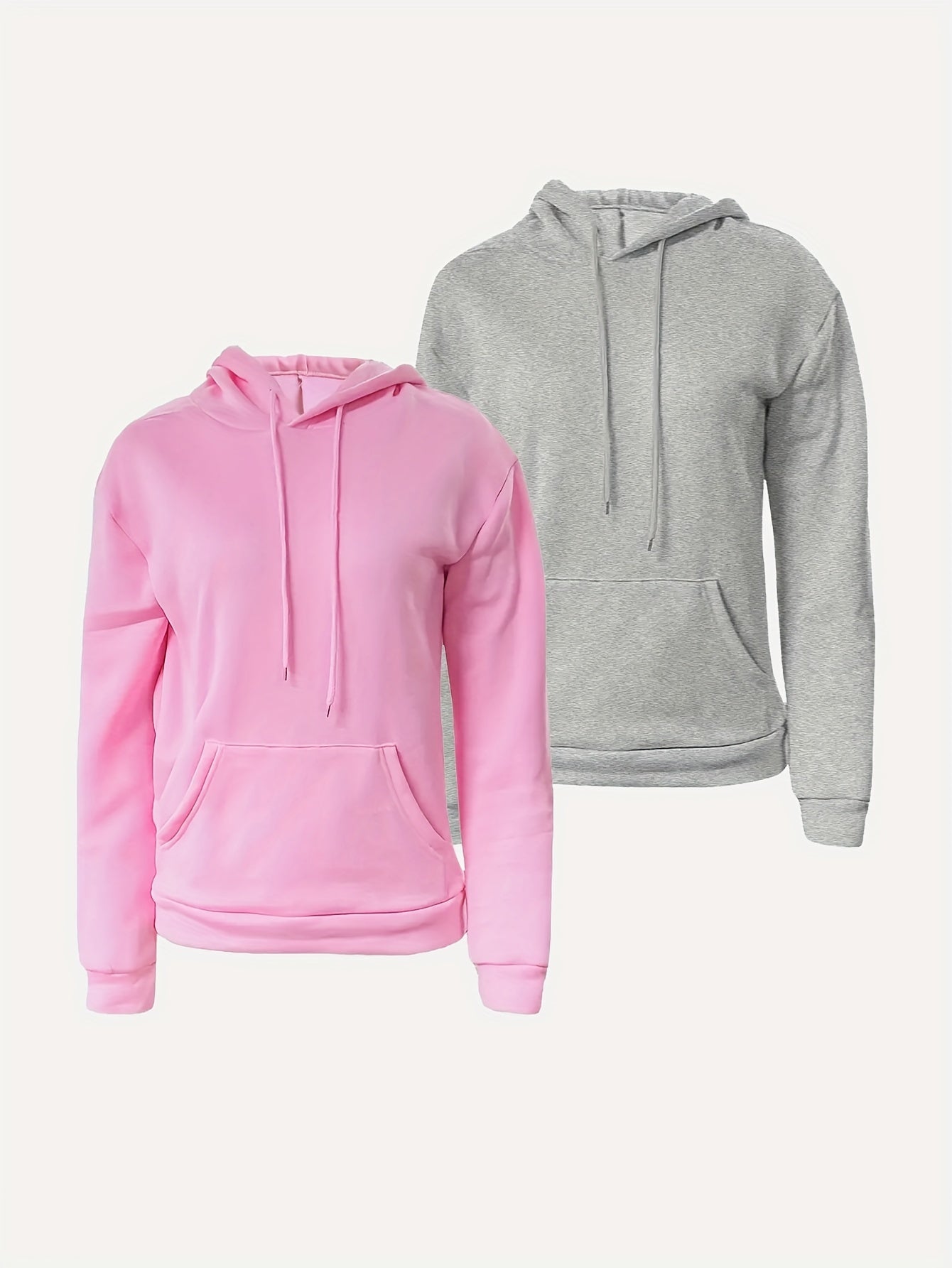 2-pack Women's Solid Drawstring Hoodies, Long Sleeve Kangaroo Pocket Sweatshirt for Fall & Winter - Hiccupzz
