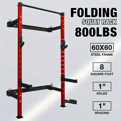 2.36" X 2.36" Folding Wall-Mounted Squat Rack, 800lbs Capacity with Pull-Up Bar & Attachments - Hiccupzz