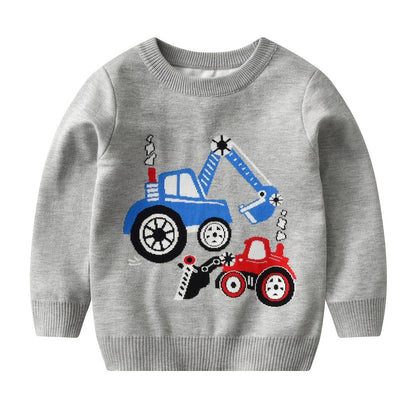 Boys Cartoon Engineering Vehicle Sweater, Knit Pullover, Autumn/Winter - Hiccupzz