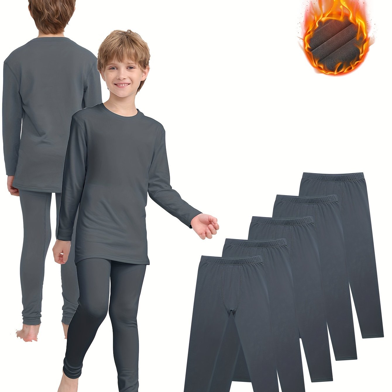 5-Pack Boys' Thermal Leggings - Solid Color, Medium Stretch, Skinny Fit, Comfortable & Soft