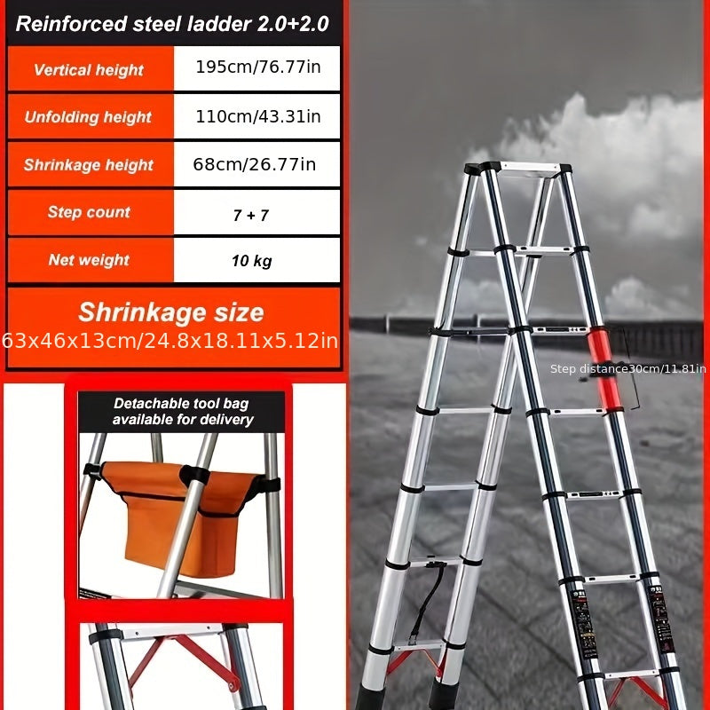 6.5 Ft 7-Step Telescopic Folding Ladder - Herringbone Design, Anti-Shake & Anti-Slip, 330 lb Capacity, Multi-Purpose Outdoor Household Ladder