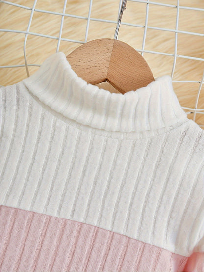 Girls Splicing Ribbed Knit Turtleneck Dress Kids Clothes Party Gift 3-8Y - Hiccupzz