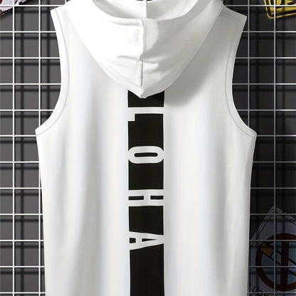 Men's Sleeveless Hooded Tank Top With Letter Print, Casual Sportswear, Gym Fitness Vest - Hiccupzz
